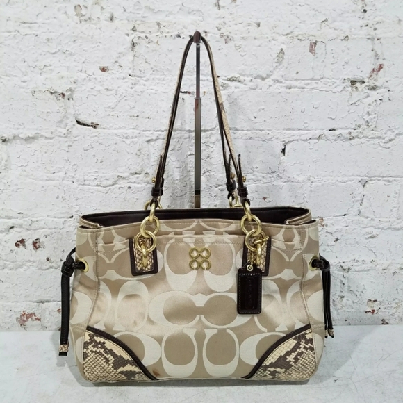 Coach Designer Collette Gold/Brown Embossed Snake Skin Trim Shoulder Bag Purse - Picture 1 of 11